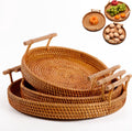 Rattan Fruit Basket Set of 3 | Round Woven Trays with Handles | Natural