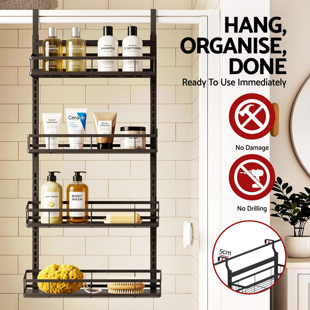 Artiss 4-Tier Over Door Shower Caddy | No Drill | Adjustable | Black