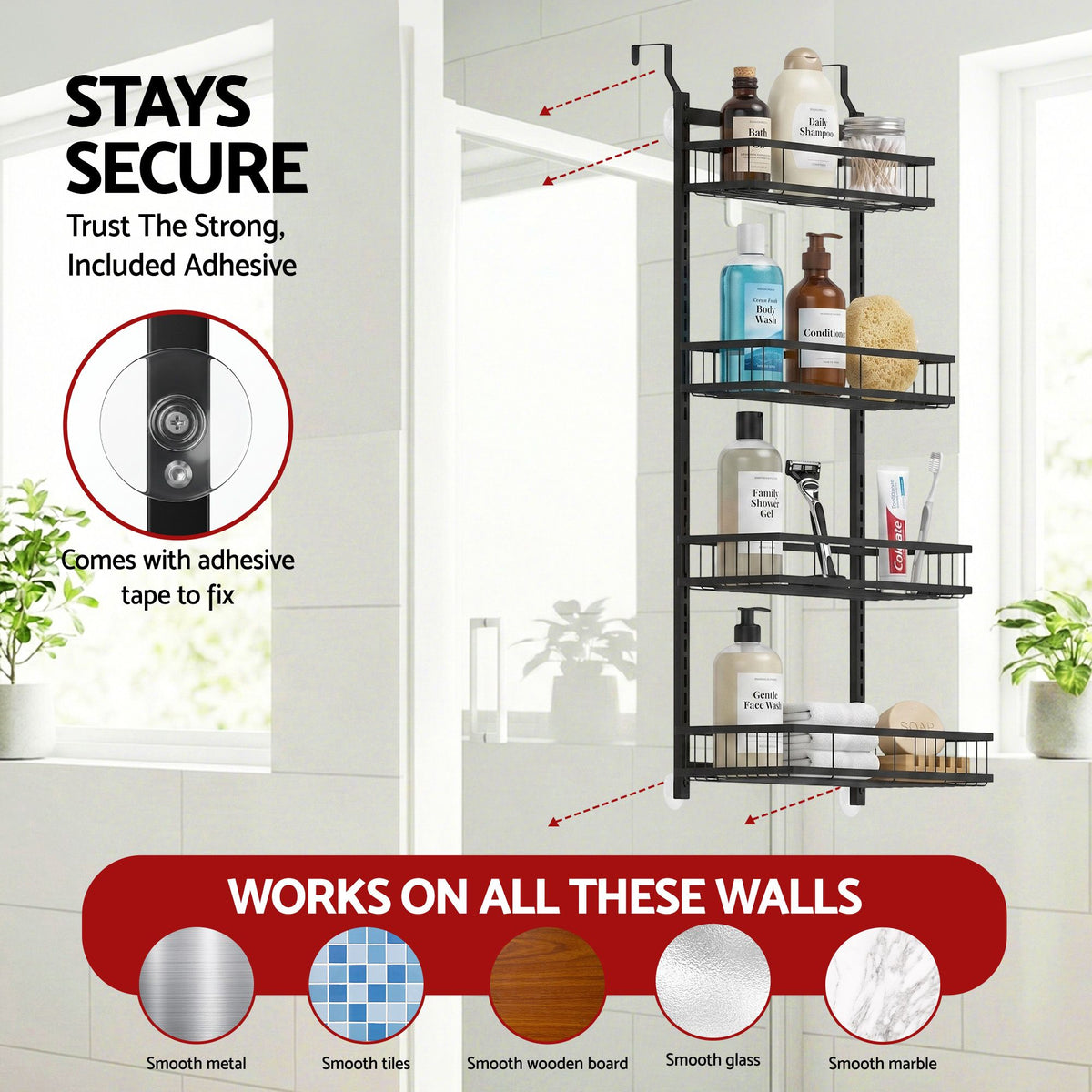 Artiss 4-Tier Over Door Shower Caddy | No Drill | Adjustable | Black