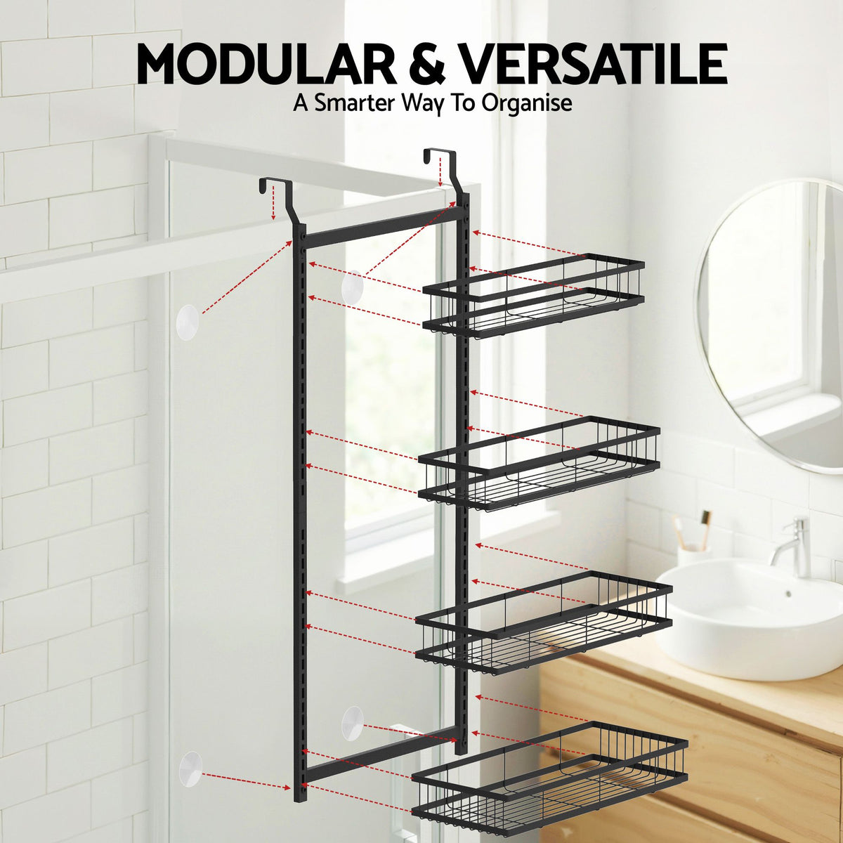 Artiss 4-Tier Over Door Shower Caddy | No Drill | Adjustable | Black