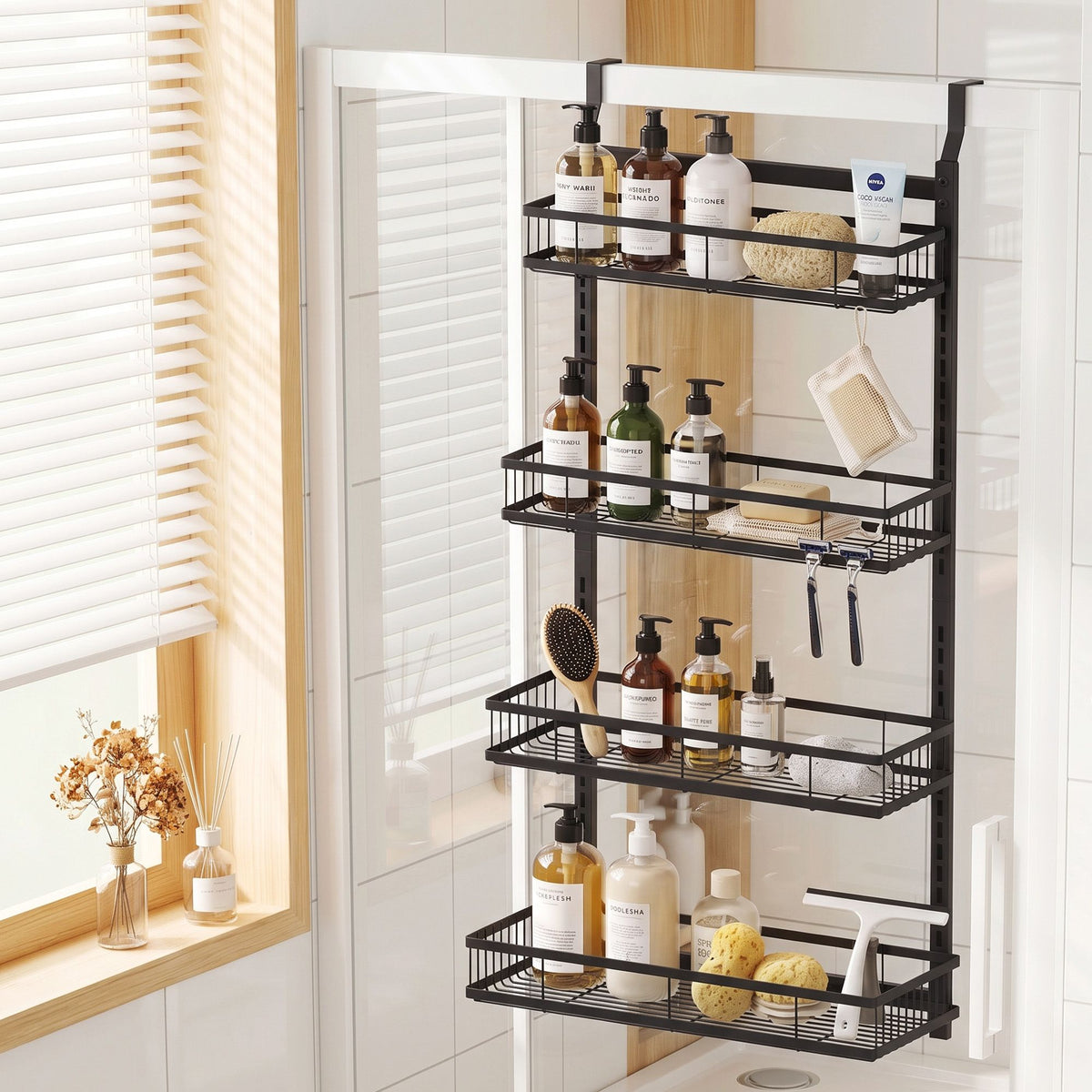 Artiss 4-Tier Over Door Shower Caddy | No Drill | Adjustable | Black