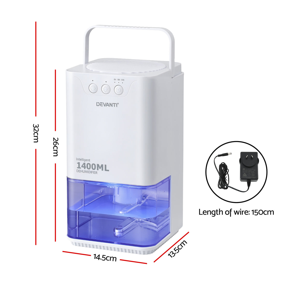 Devanti 1.4L Dehumidifier | Quiet Sleep Mode | Auto Shut-Off | 24Hr Timer | White