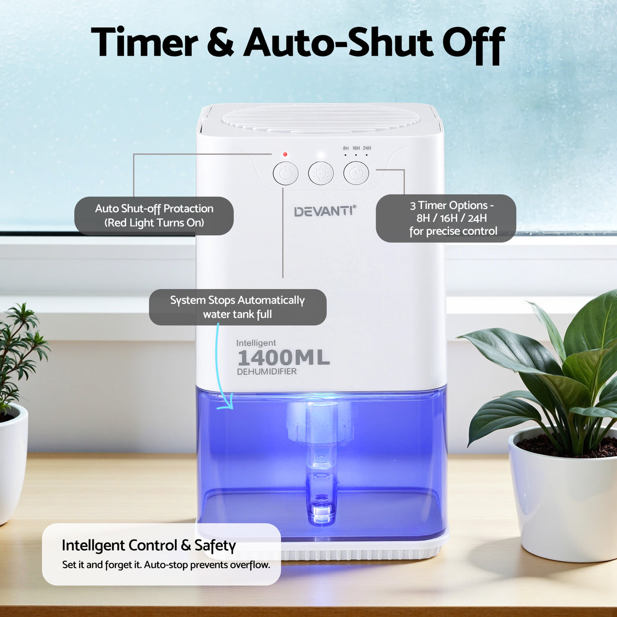 Devanti 1.4L Dehumidifier | Quiet Sleep Mode | Auto Shut-Off | 24Hr Timer | White