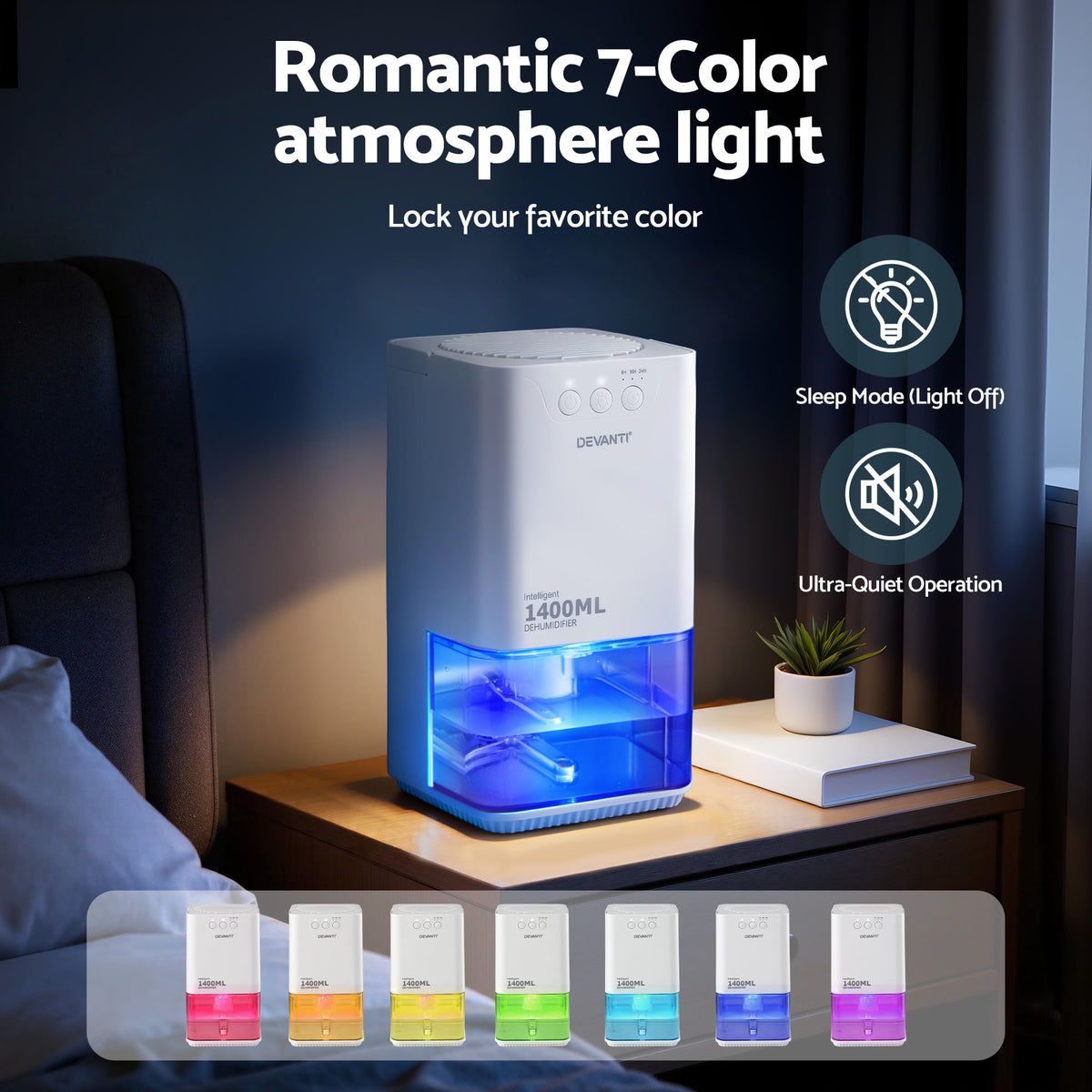 Devanti 1.4L Dehumidifier | Quiet Sleep Mode | Auto Shut-Off | 24Hr Timer | White