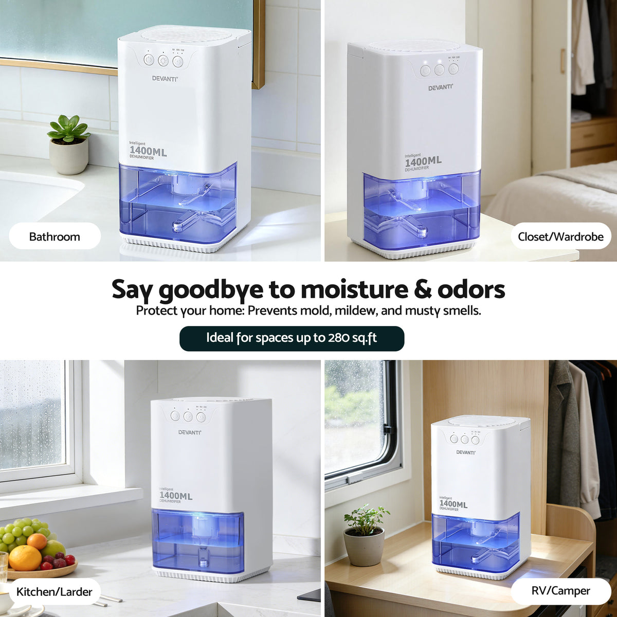 Devanti 1.4L Dehumidifier | Quiet Sleep Mode | Auto Shut-Off | 24Hr Timer | White