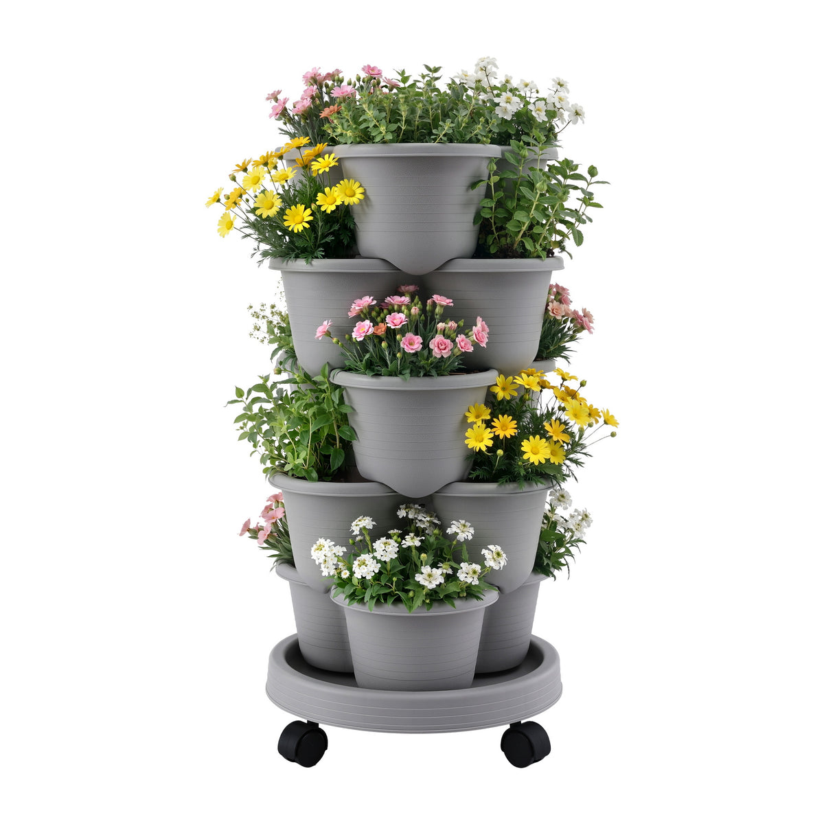 Green Fingers 5-Tier Vertical Garden Planter – Stackable Tower with Wheels | Grey