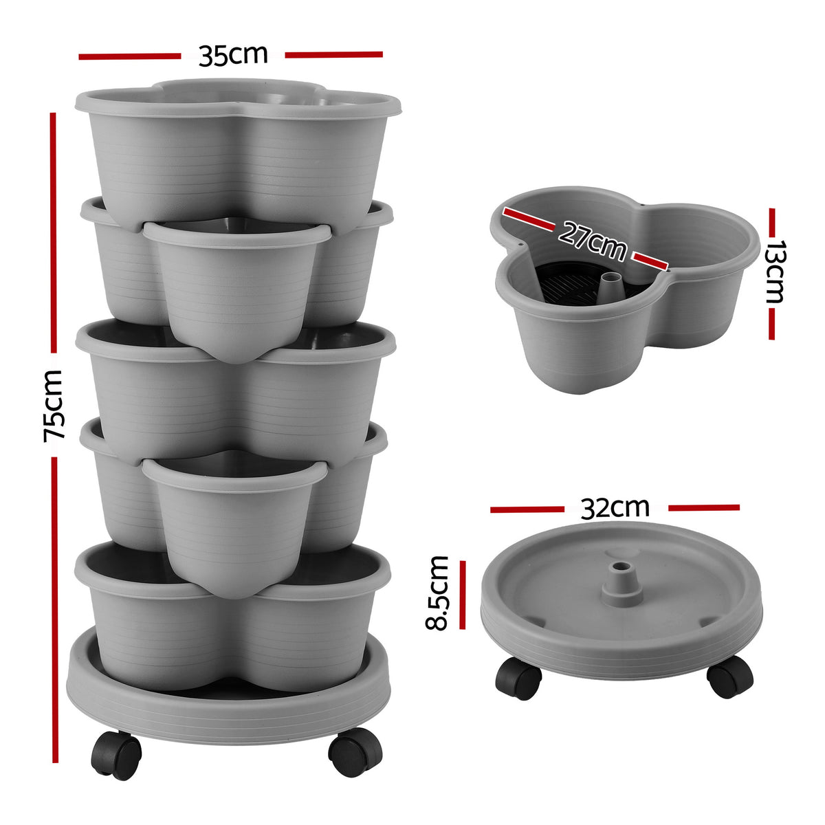 Green Fingers 5-Tier Vertical Garden Planter – Stackable Tower with Wheels | Grey