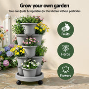 Green Fingers 5-Tier Vertical Garden Planter – Stackable Tower with Wheels | Grey