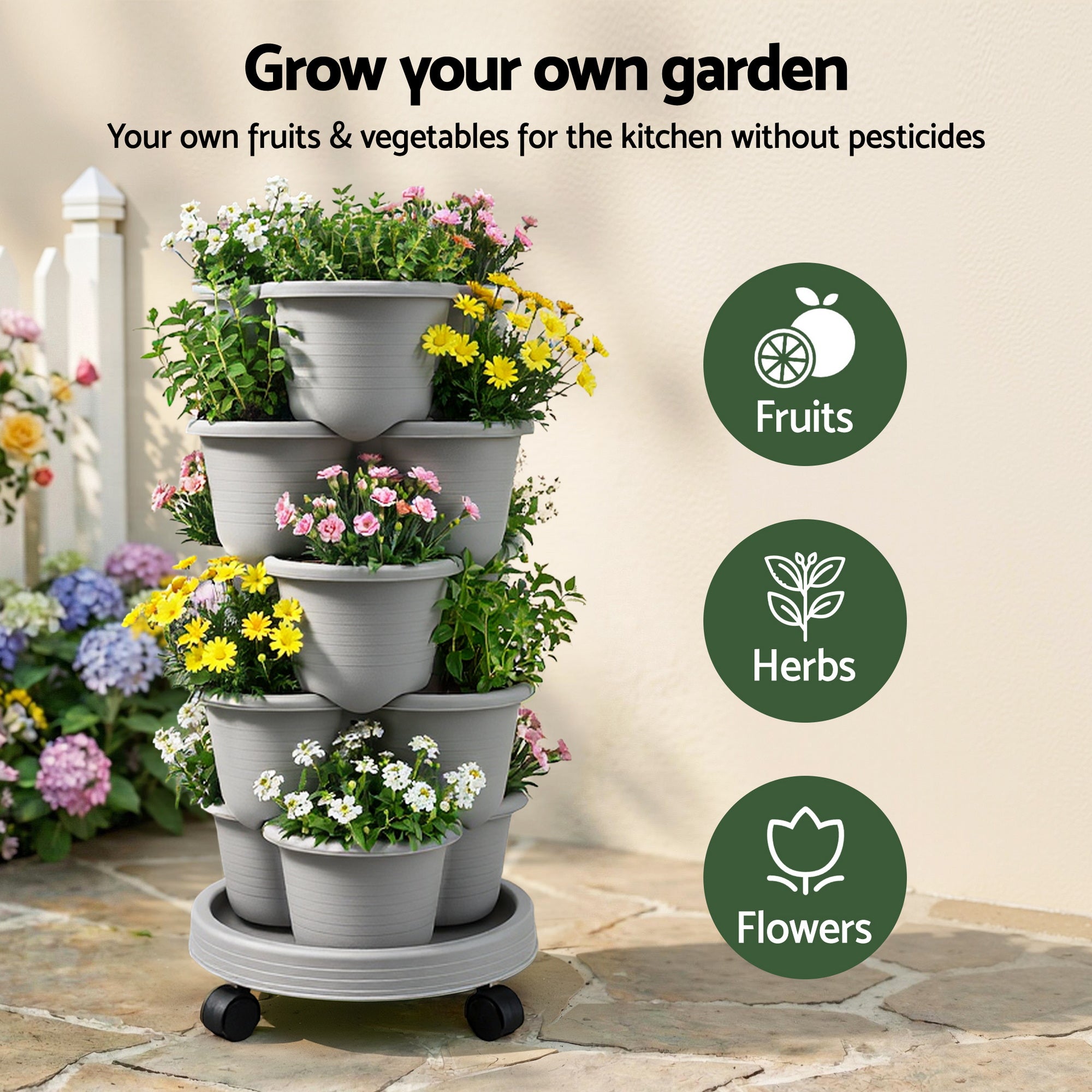 Green Fingers 5-Tier Vertical Garden Planter – Stackable Tower with Wheels | Grey
