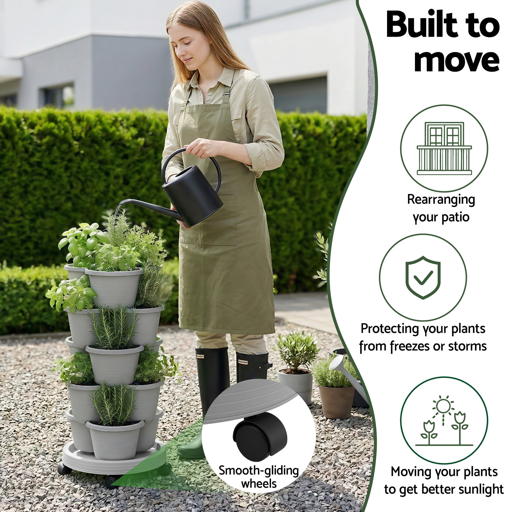 Green Fingers 5-Tier Vertical Garden Planter – Stackable Tower with Wheels | Grey