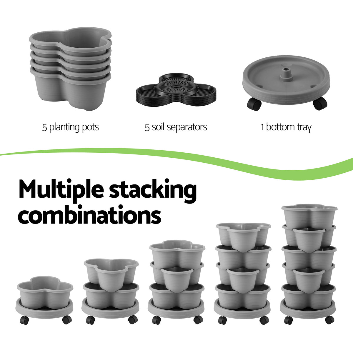 Green Fingers 5-Tier Vertical Garden Planter – Stackable Tower with Wheels | Grey