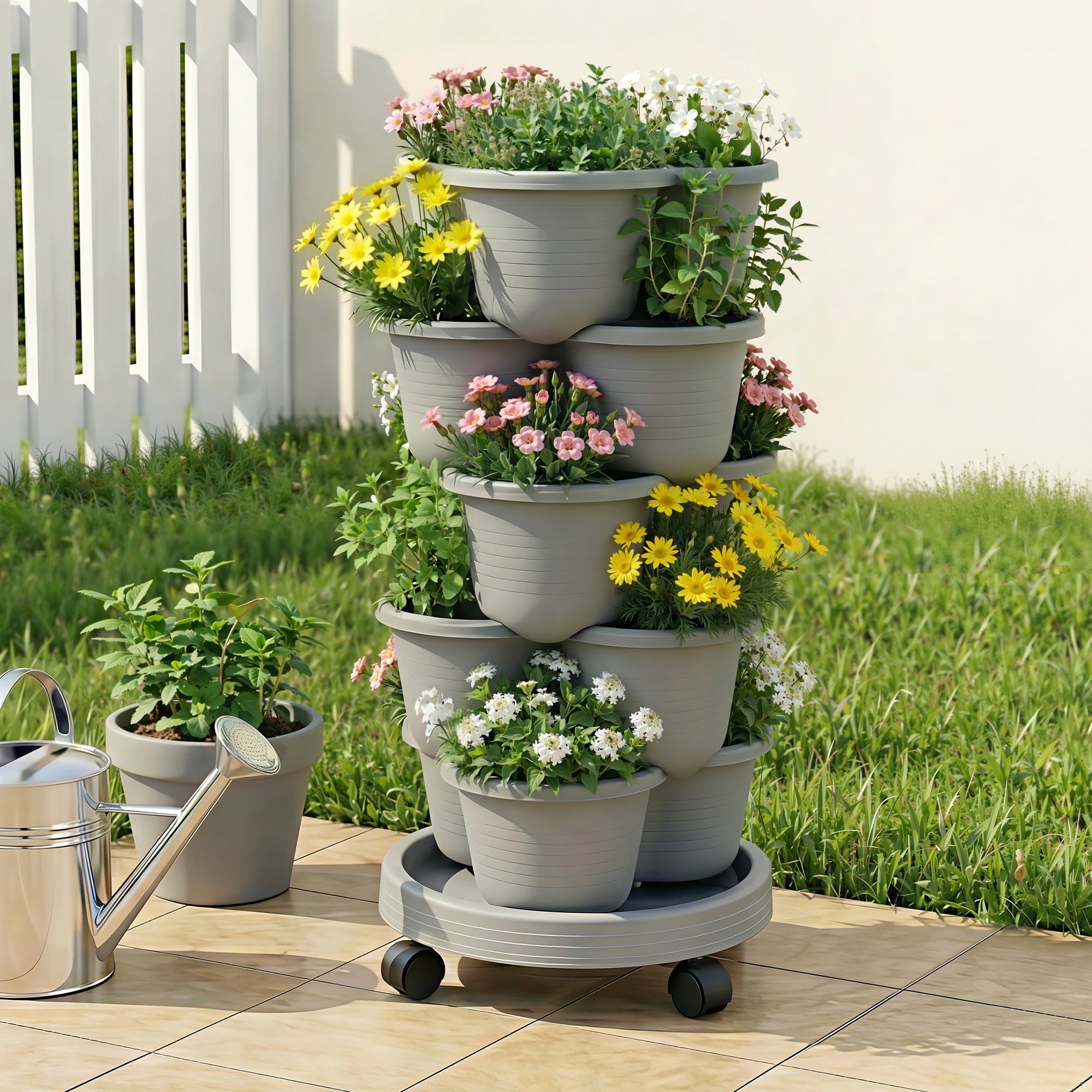 Green Fingers 5-Tier Vertical Garden Planter – Stackable Tower with Wheels | Grey