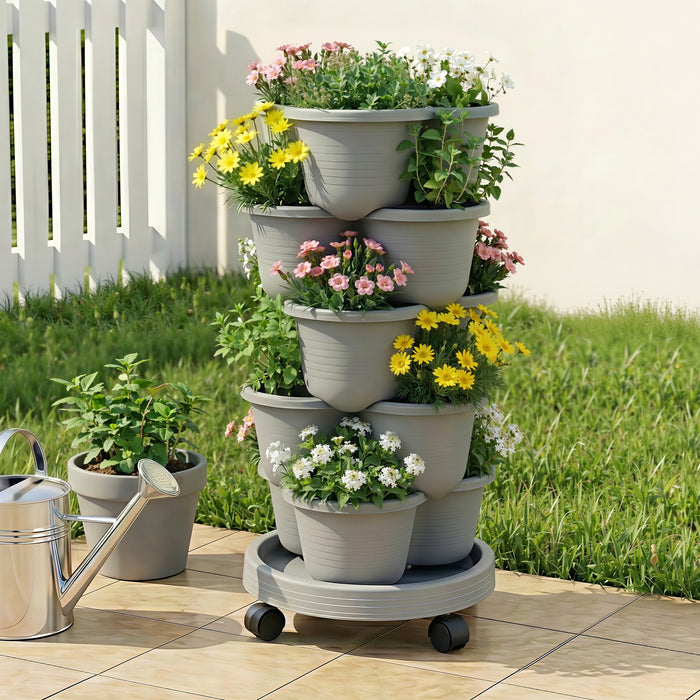 Green Fingers 5-Tier Vertical Garden Planter – Stackable Tower with Wheels | Grey