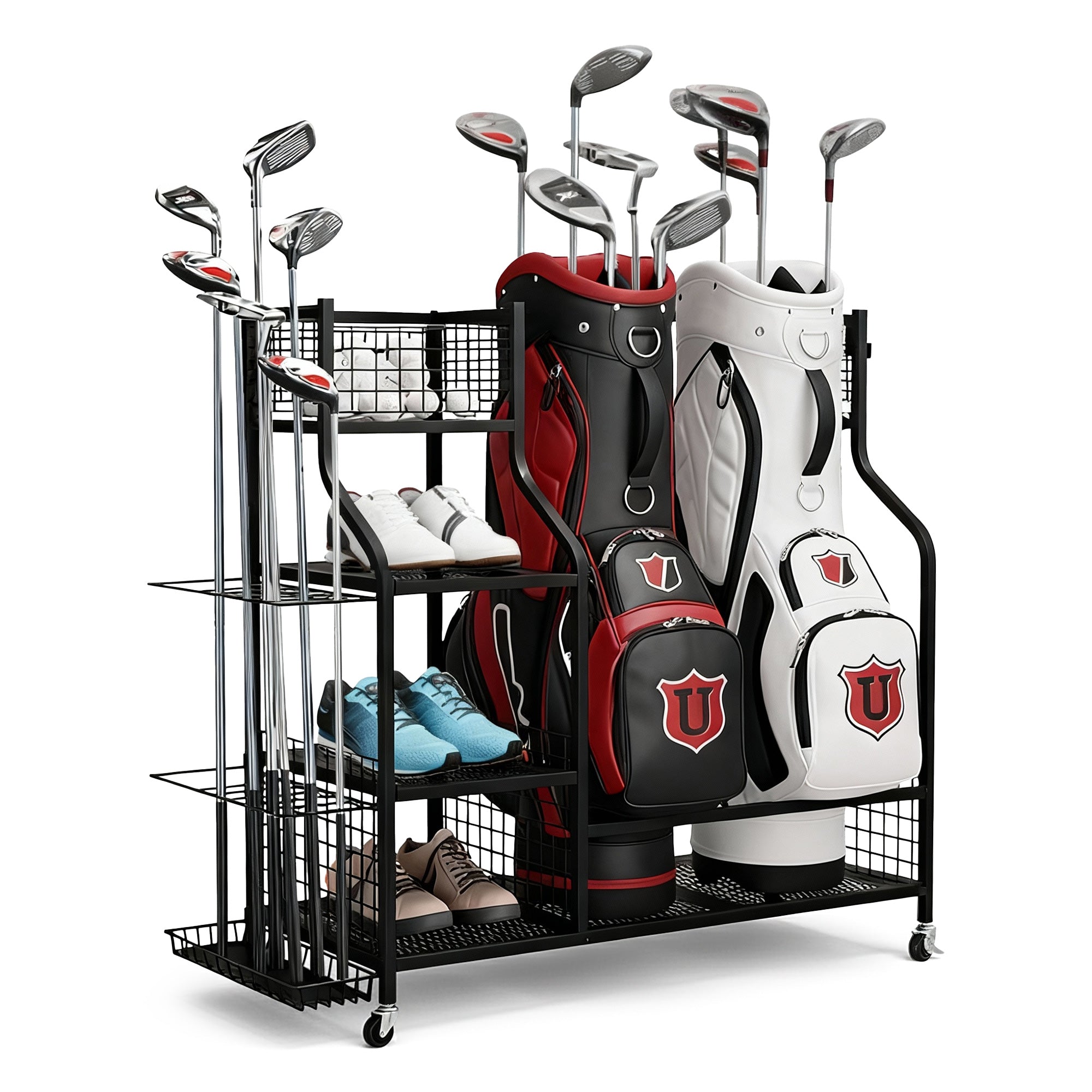 Everfit Golf Bag Storage Organiser – 2-Bag Capacity, 10-Club Stand, 3 Shelves & 4 Hooks | Black