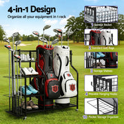 Everfit Golf Bag Storage Organiser – 2-Bag Capacity, 10-Club Stand, 3 Shelves & 4 Hooks | Black