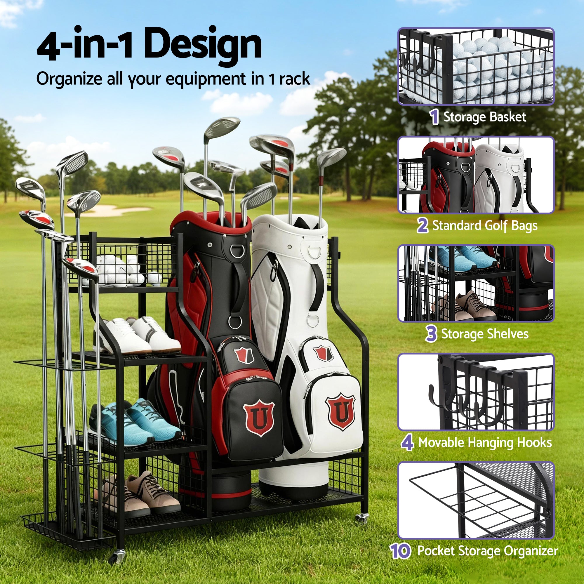 Everfit Golf Bag Storage Organiser – 2-Bag Capacity, 10-Club Stand, 3 Shelves & 4 Hooks | Black
