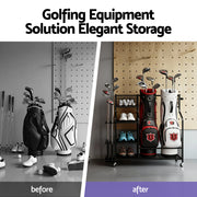 Everfit Golf Bag Storage Organiser – 2-Bag Capacity, 10-Club Stand, 3 Shelves & 4 Hooks | Black