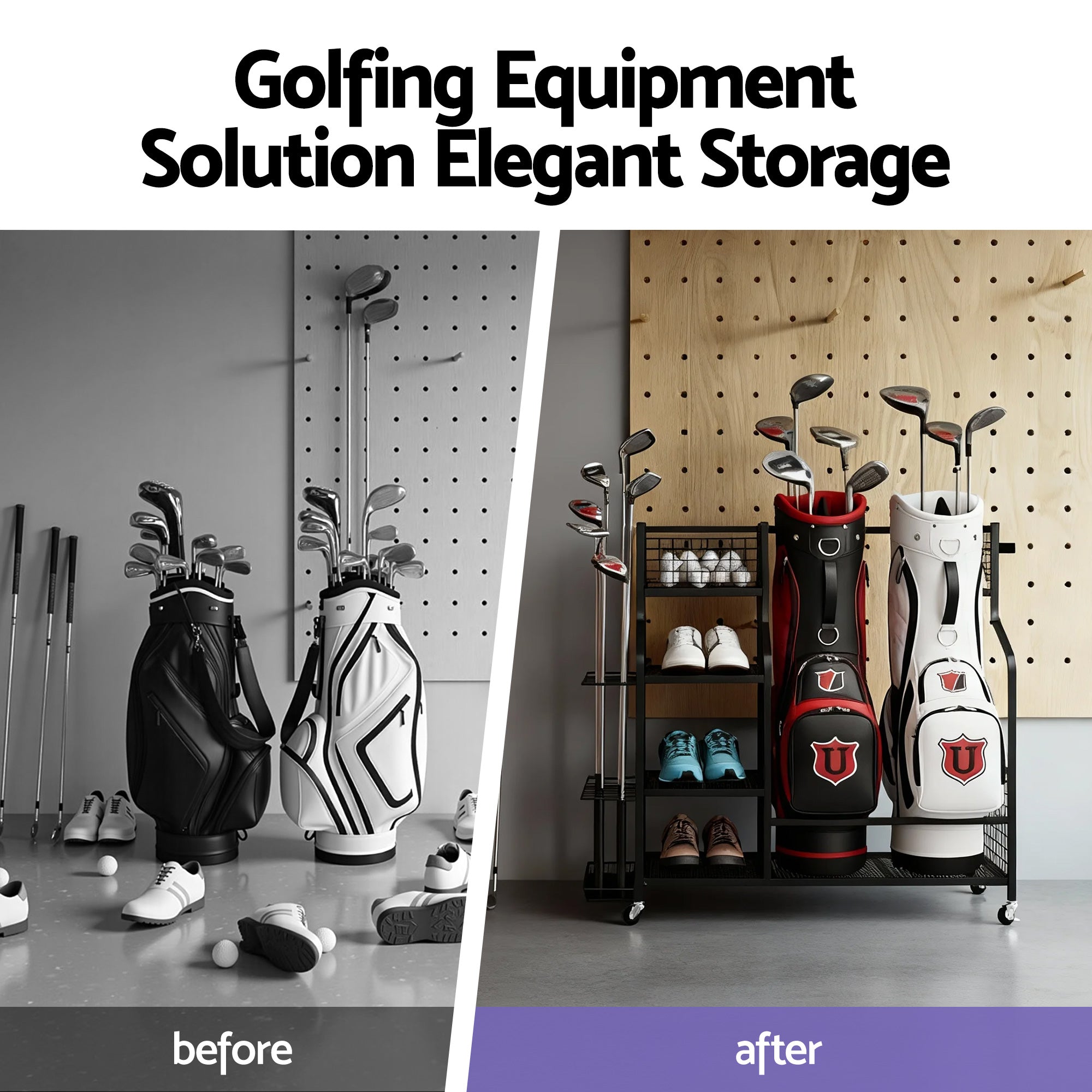 Everfit Golf Bag Storage Organiser – 2-Bag Capacity, 10-Club Stand, 3 Shelves & 4 Hooks | Black
