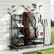 Everfit Golf Bag Storage Organiser – 2-Bag Capacity, 10-Club Stand, 3 Shelves & 4 Hooks | Black