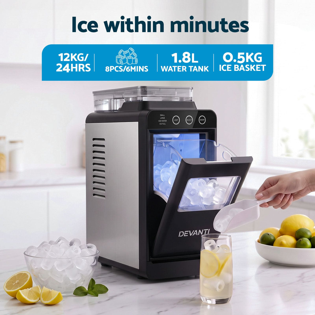Devanti Slim Countertop Ice Maker | 12kg/Day, Black