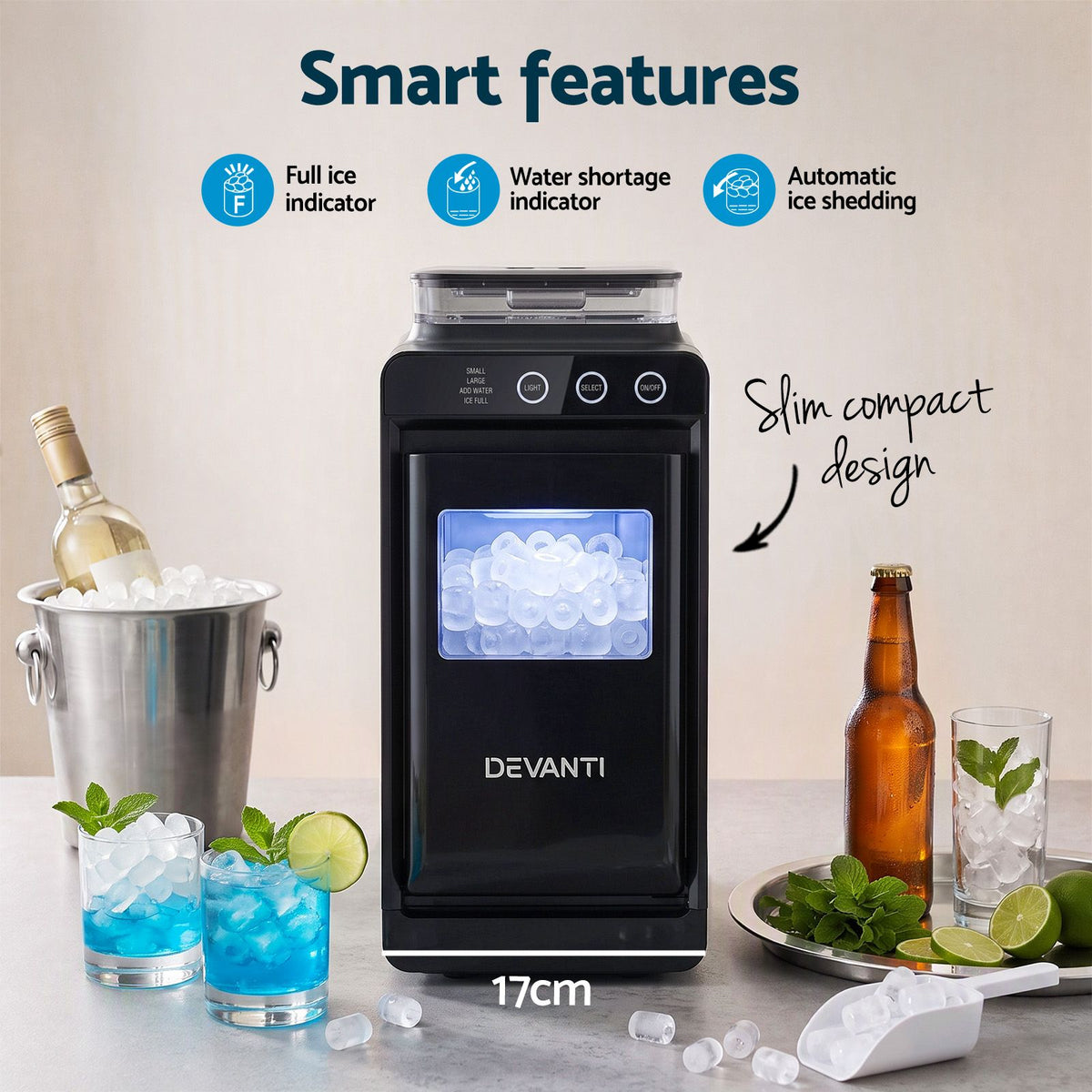 Devanti Slim Countertop Ice Maker | 12kg/Day, Black