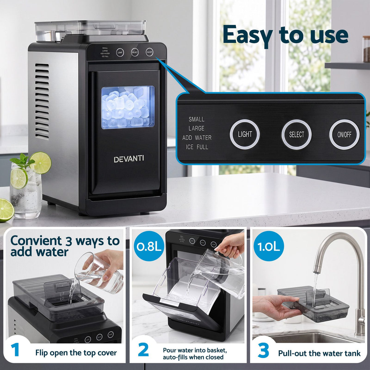 Devanti Slim Countertop Ice Maker | 12kg/Day, Black