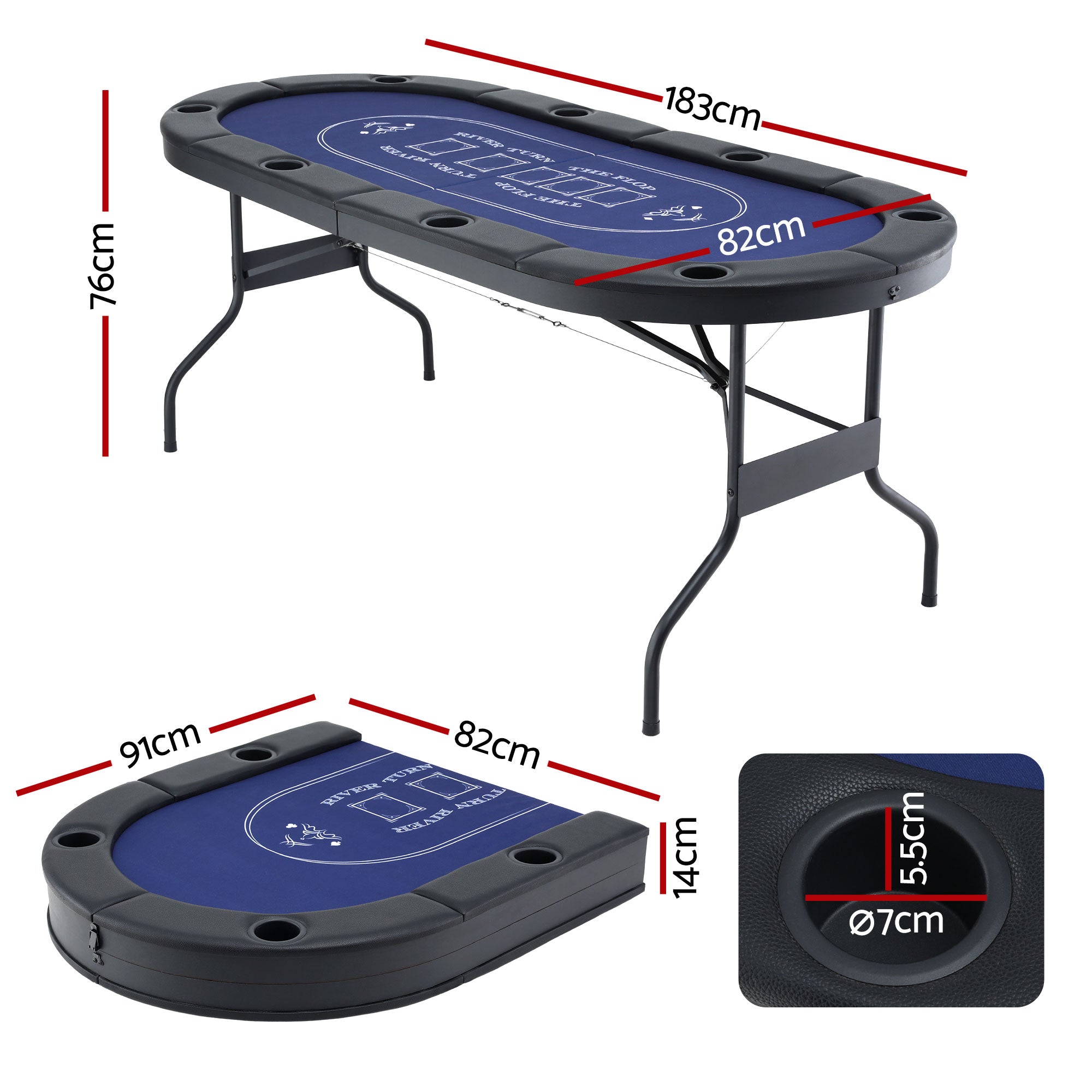 Folding Poker Table – 183cm, 6–8 Players, Casino Felt & PU Leather | 8 Cup Holders | Blue