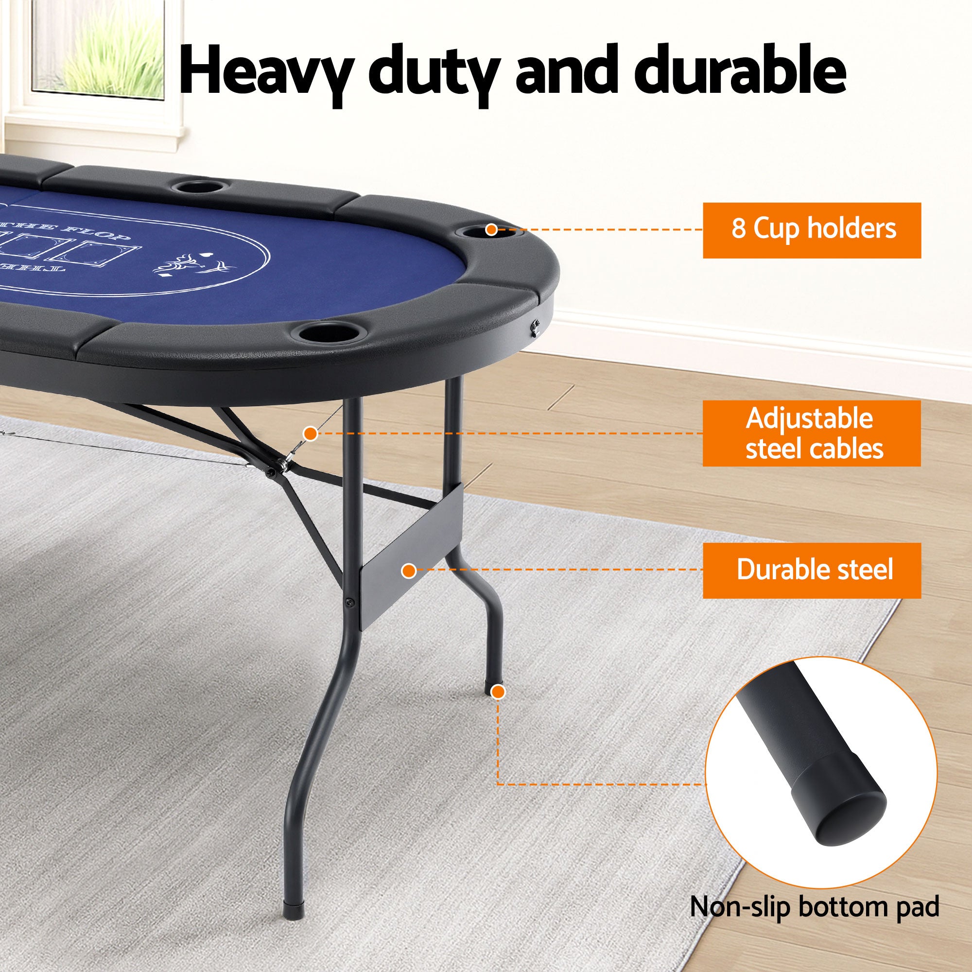 Folding Poker Table – 183cm, 6–8 Players, Casino Felt & PU Leather | 8 Cup Holders | Blue