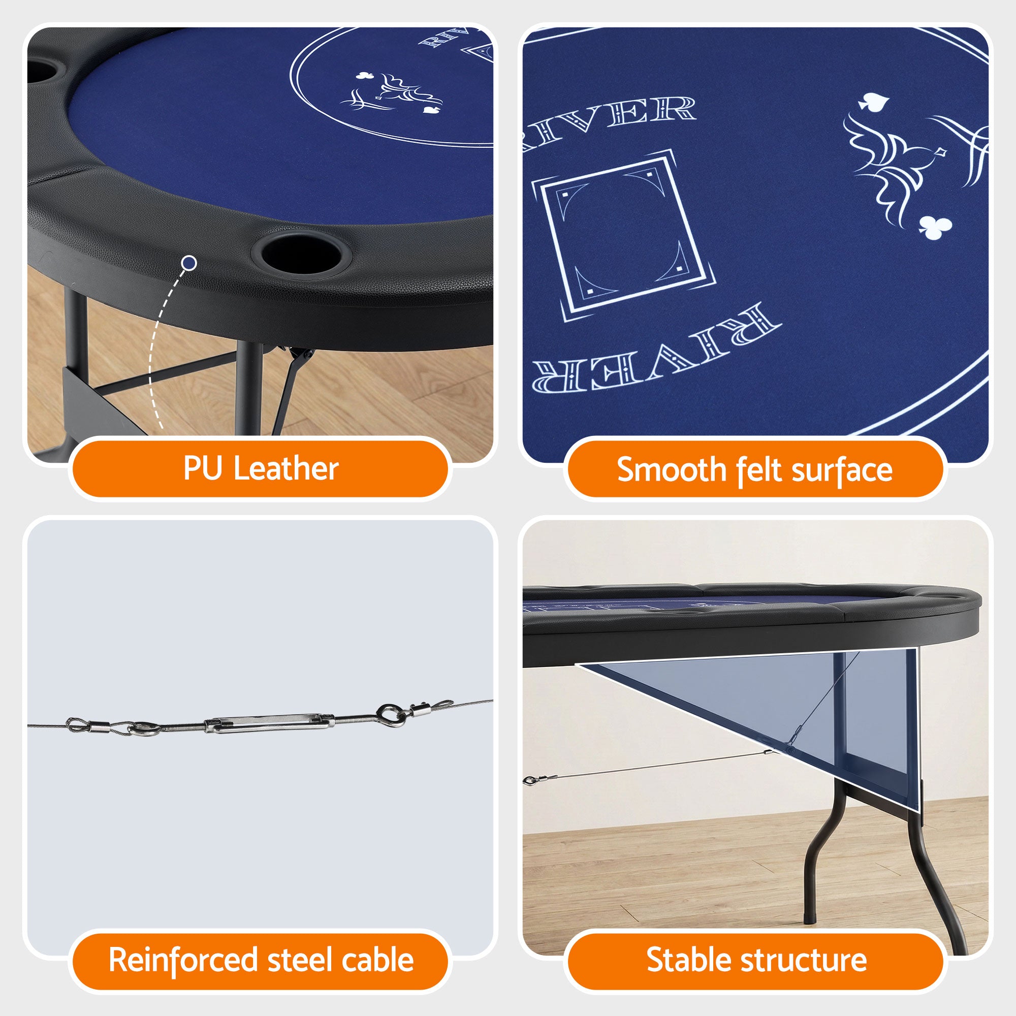 Folding Poker Table – 183cm, 6–8 Players, Casino Felt & PU Leather | 8 Cup Holders | Blue