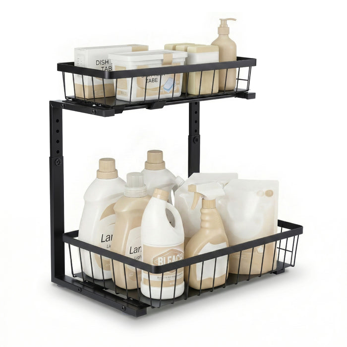 Artiss Under Sink Organiser with 2 Slide-Out Drawers – Adjustable Height | Black