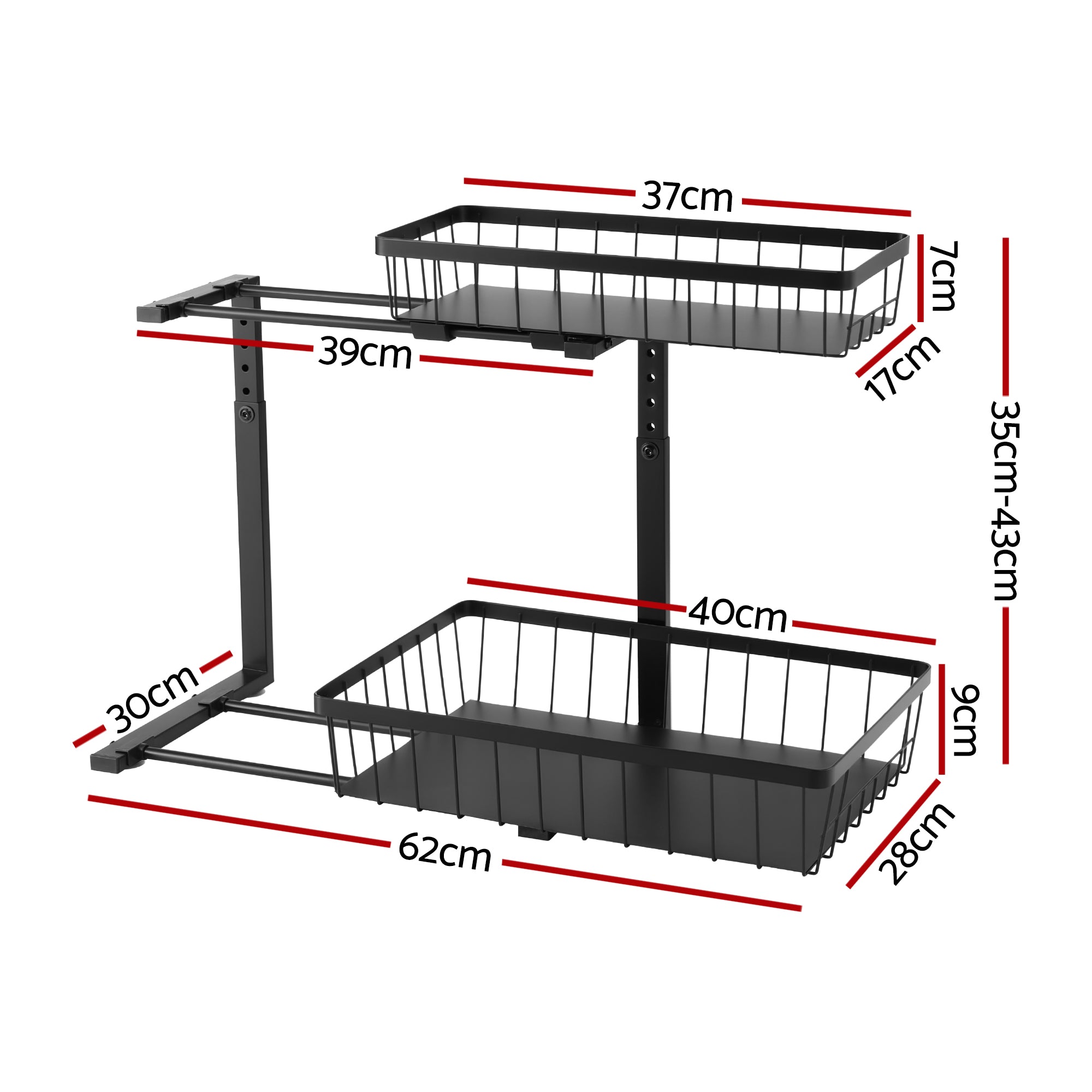 Artiss Under Sink Organiser with 2 Slide-Out Drawers – Adjustable Height | Black