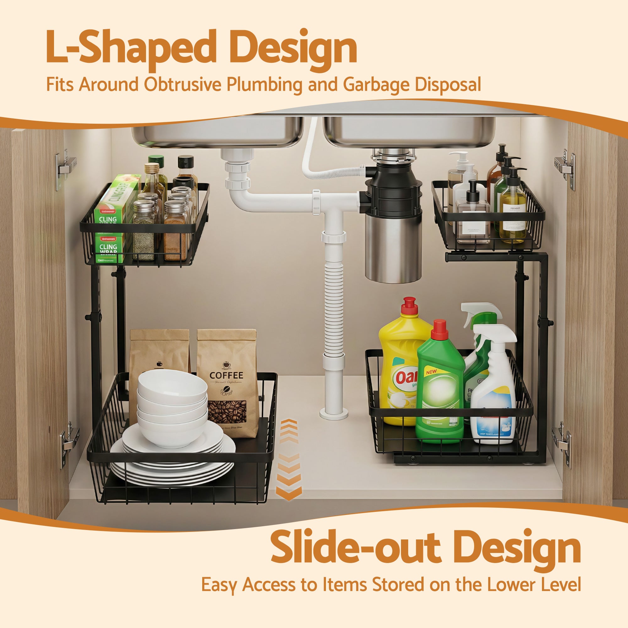 Artiss Under Sink Organiser with 2 Slide-Out Drawers – Adjustable Height | Black