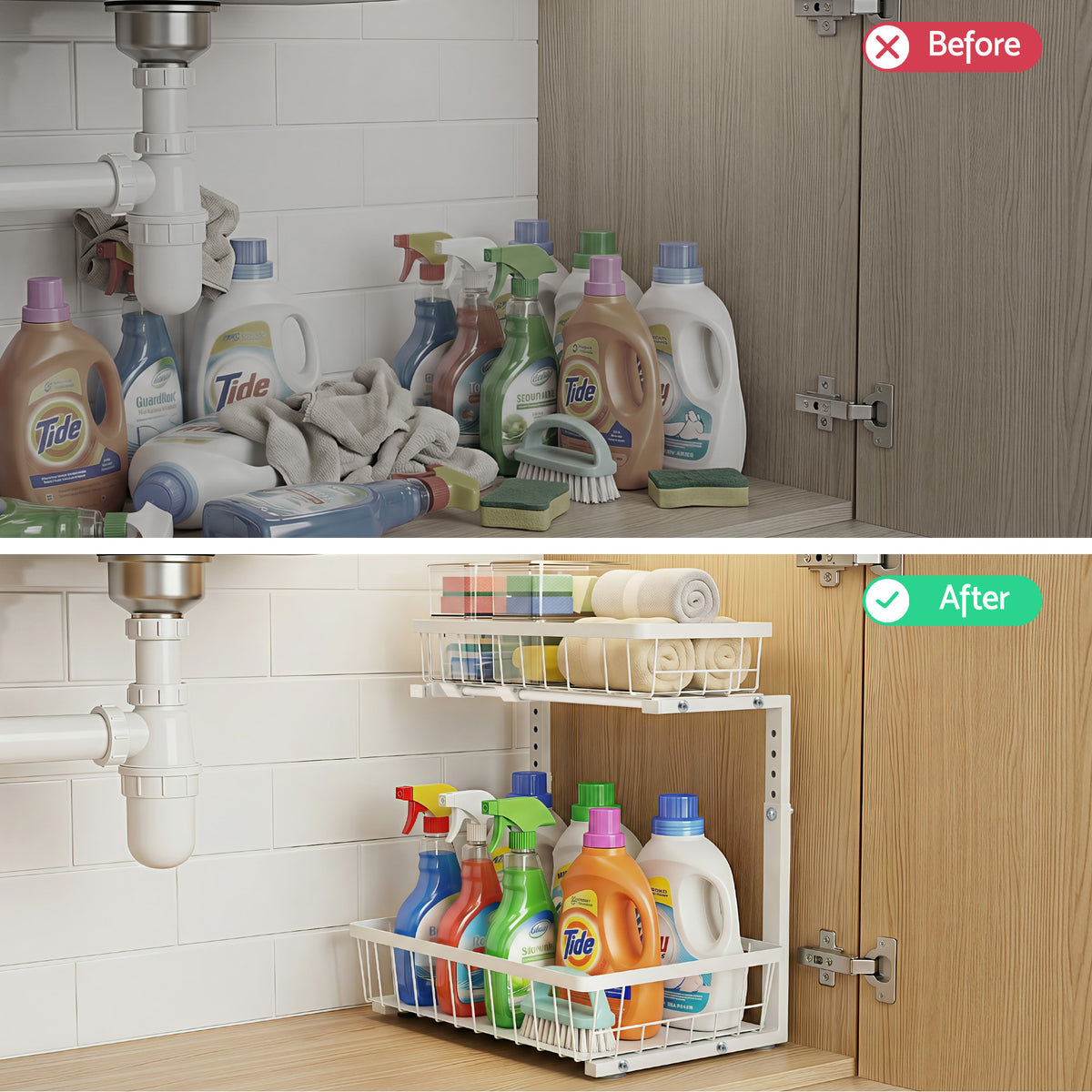 Artiss Under Sink Organiser with 2 Slide-Out Drawers – Adjustable Height | White