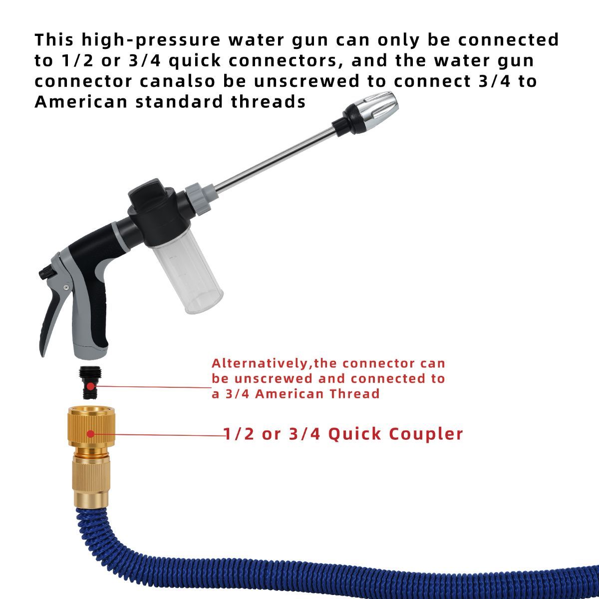 Portable High-Pressure Premium Car Wash Water Gun | 3/4" & 1/2" Adapters | Black