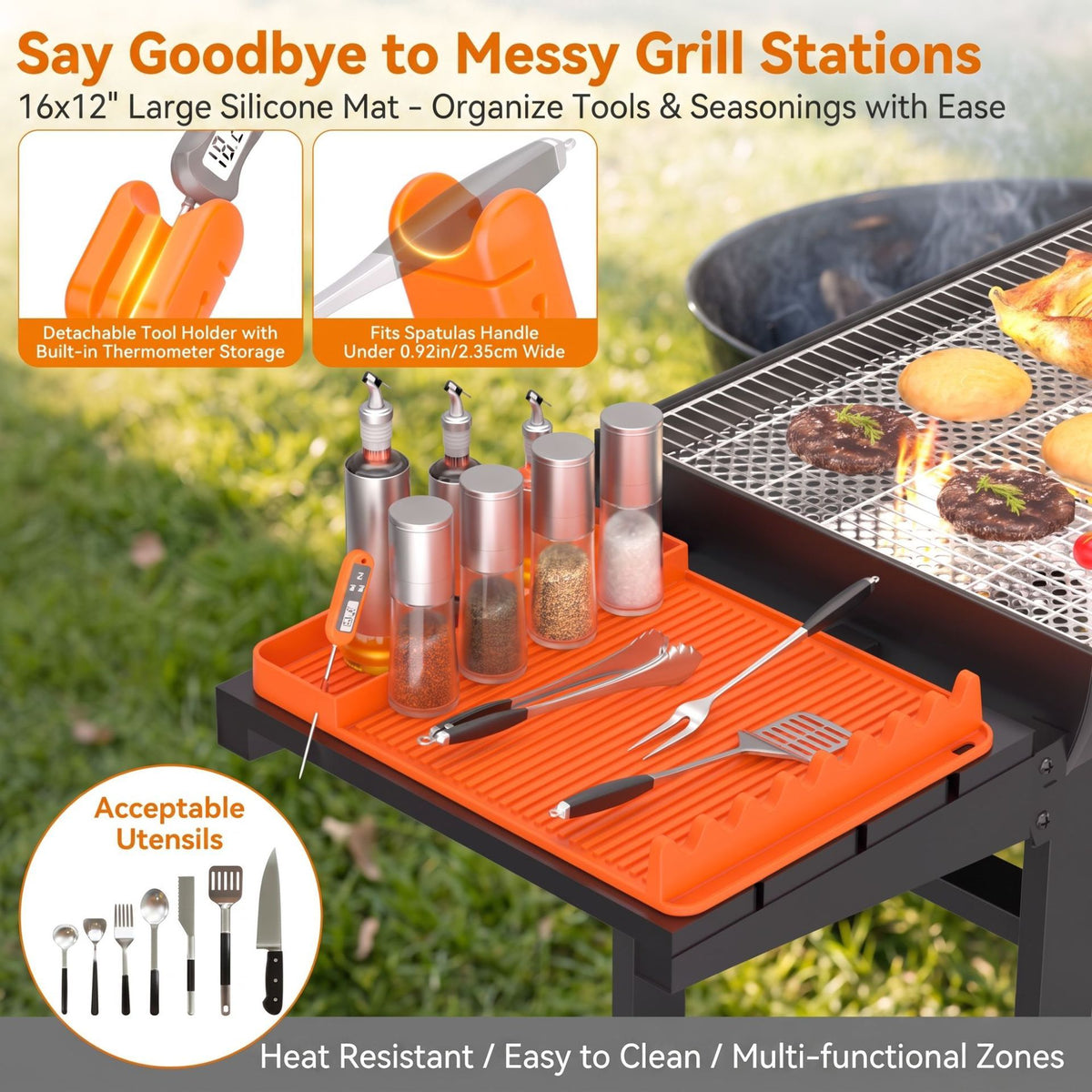 Silicone Grill Tool Mats 2-Pack – BBQ Side Shelf Organiser| 16 x 11.5 inch | Grey
