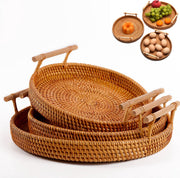Rattan Fruit Basket Set of 3 | Round Woven Trays with Handles | Natural