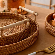 Rattan Fruit Basket Set of 3 | Round Woven Trays with Handles | Natural