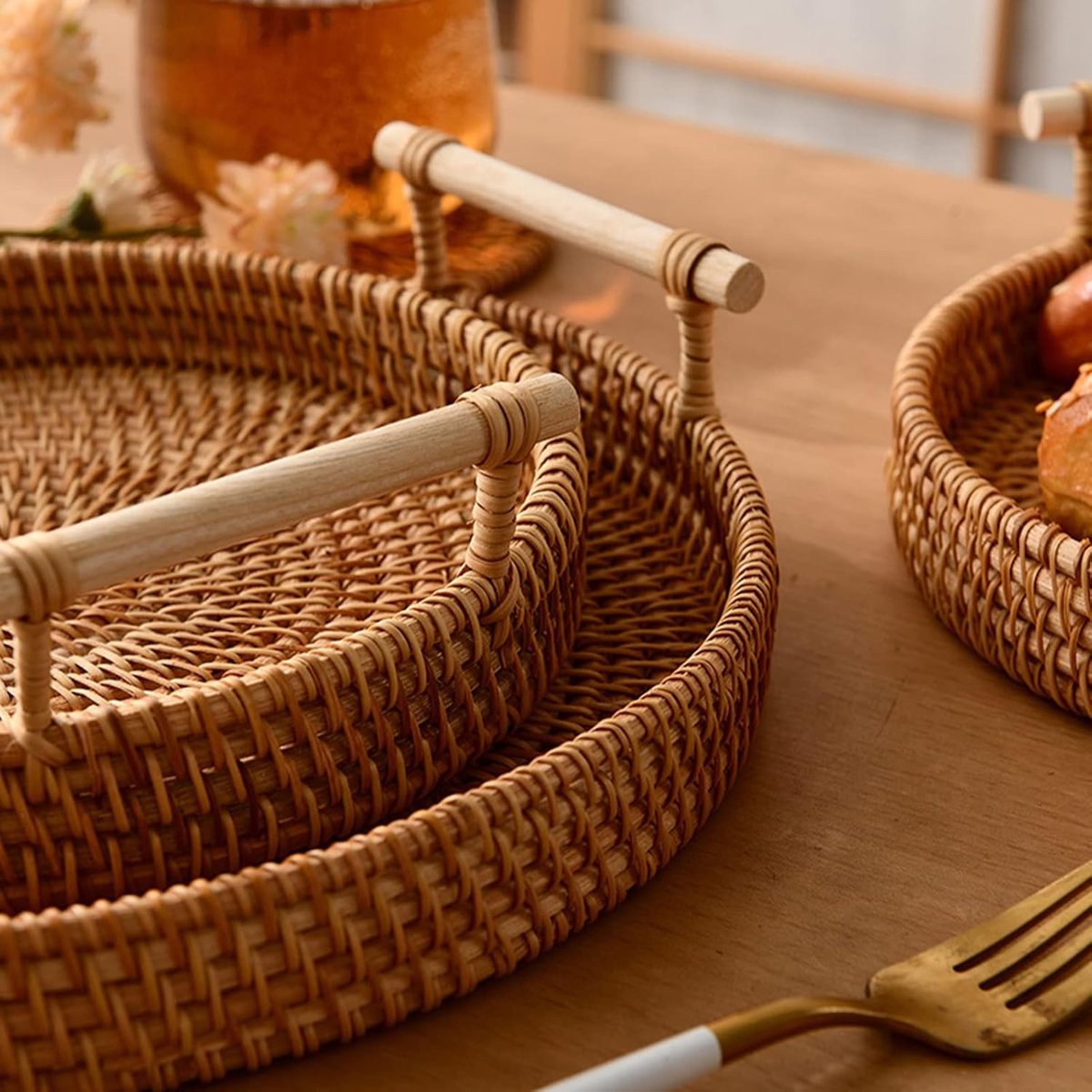 Rattan Fruit Basket Set of 3 | Round Woven Trays with Handles | Natural