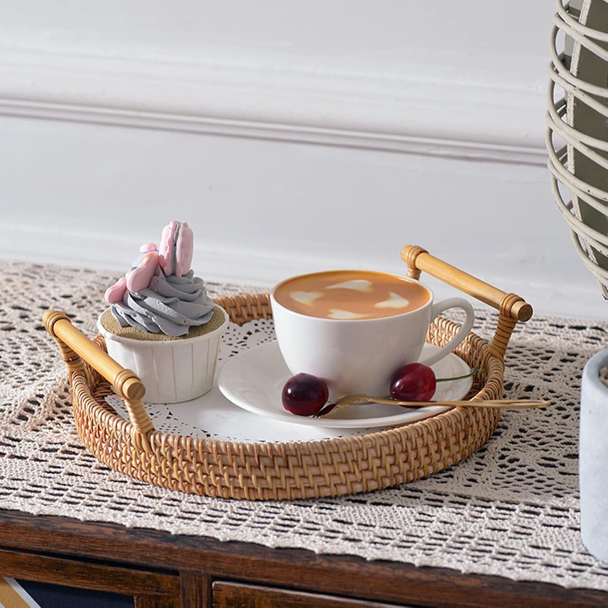 Rattan Fruit Basket Set of 3 | Round Woven Trays with Handles | Natural