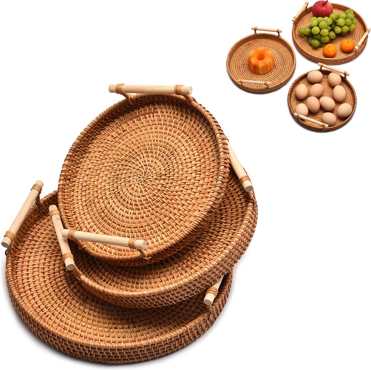 Rattan Fruit Basket Set of 3 | Round Woven Trays with Handles | Natural