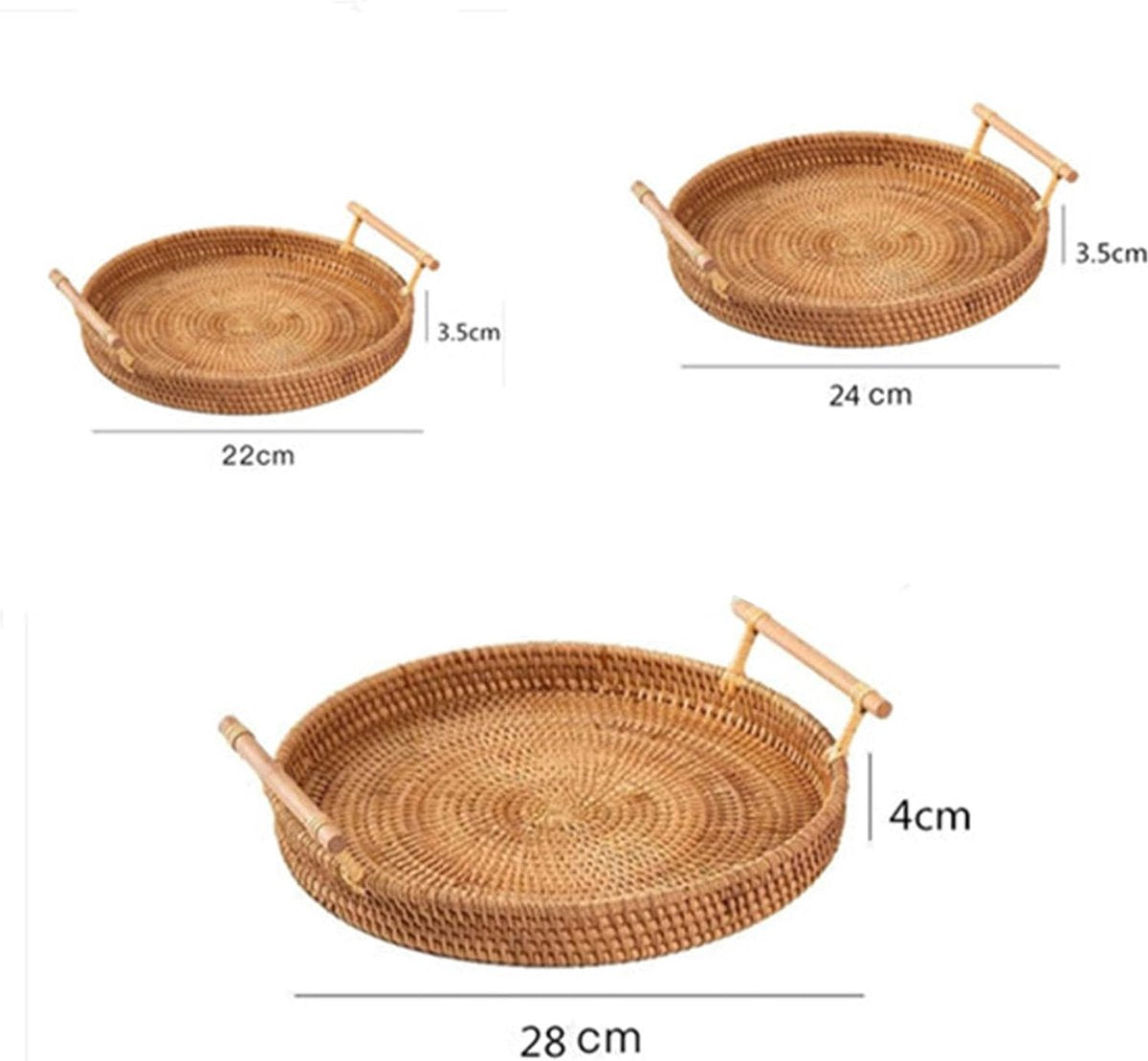 Rattan Fruit Basket Set of 3 | Round Woven Trays with Handles | Natural