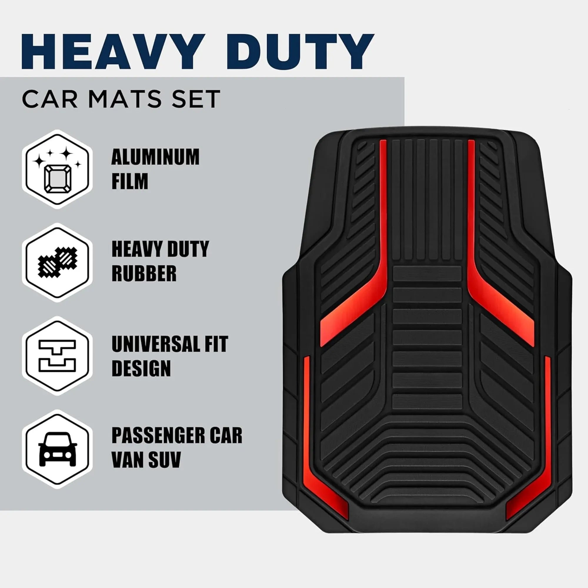 Heavy-Duty Premium Rubber Car Floor Mats Set | Aluminium Film | Anti-Slip | All-Weather | Red