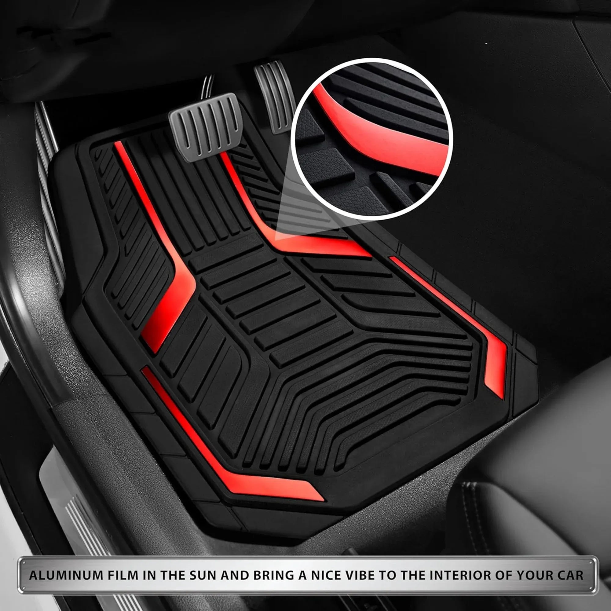 Heavy-Duty Premium Rubber Car Floor Mats Set | Aluminium Film | Anti-Slip | All-Weather | Red