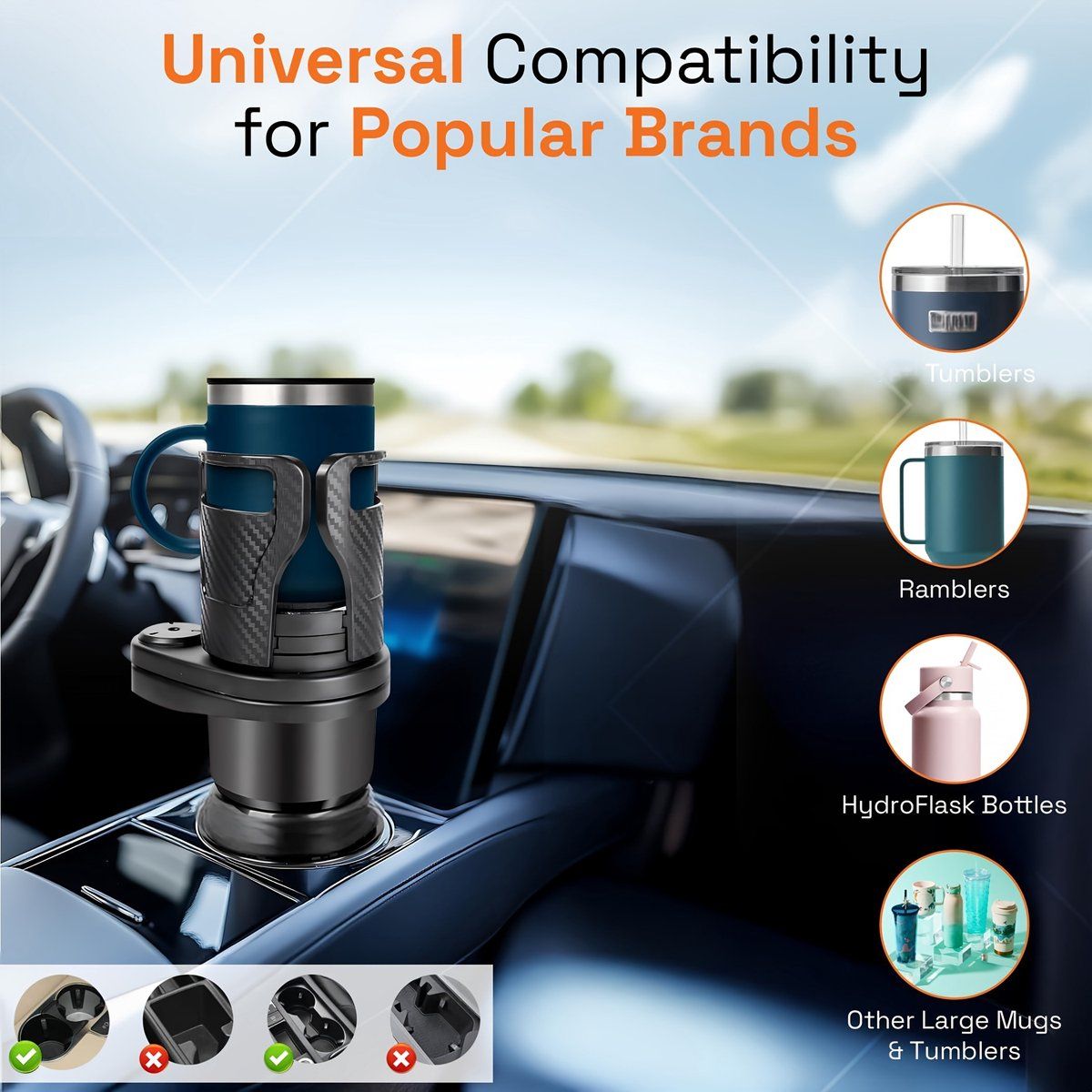 2-in-1 Adjustable Car Cup Holder Extender | Fits Large Water Bottles & Tumblers | Universal Fit