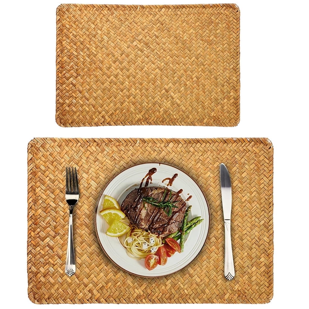 Farmhouse Wicker Placemats,Woven Rattan Place Mat,Rectangular Table Pat,Hand Bamboo Tea Cup Mat,Natural Straw Placemat,Hand-woven Place Mats for Dining Table Home Kitchen Picnic 2Pcs