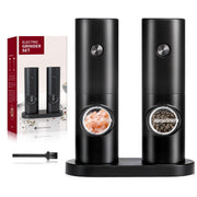 Electric Salt & Pepper Grinder Set – 2 Pack, One-Handed, LED Light & Stand Base