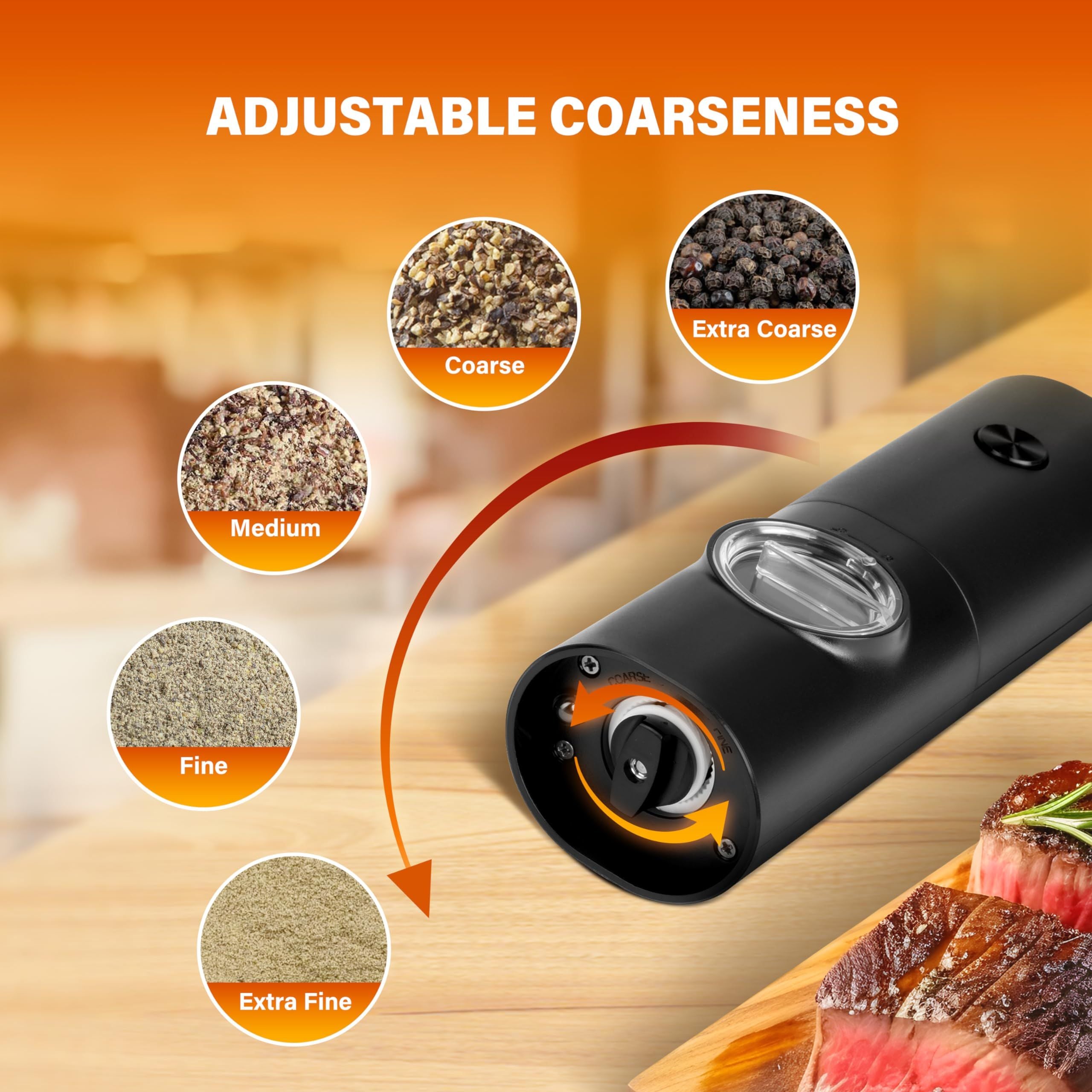 Electric Salt & Pepper Grinder Set – 2 Pack, One-Handed, LED Light & Stand Base
