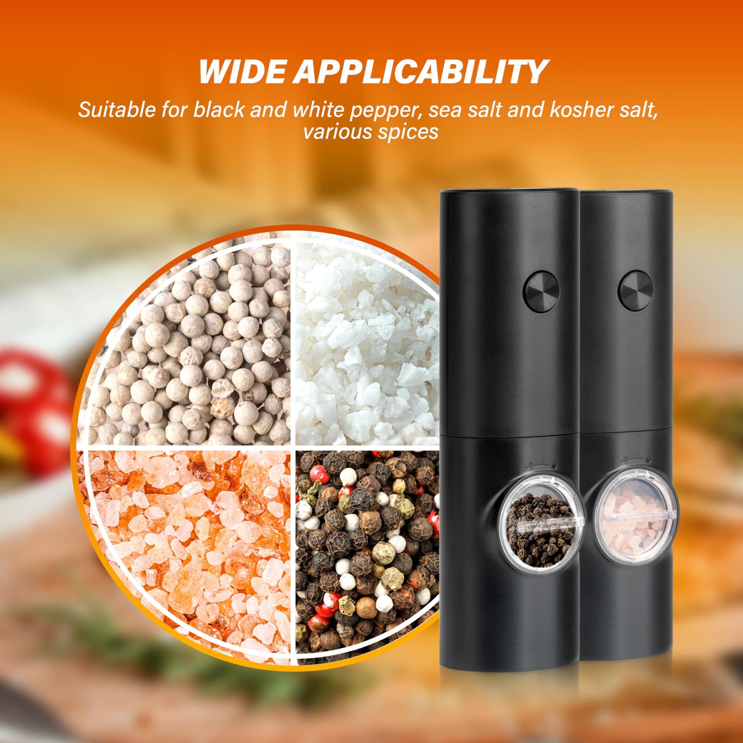 Electric Salt & Pepper Grinder Set – 2 Pack, One-Handed, LED Light & Stand Base