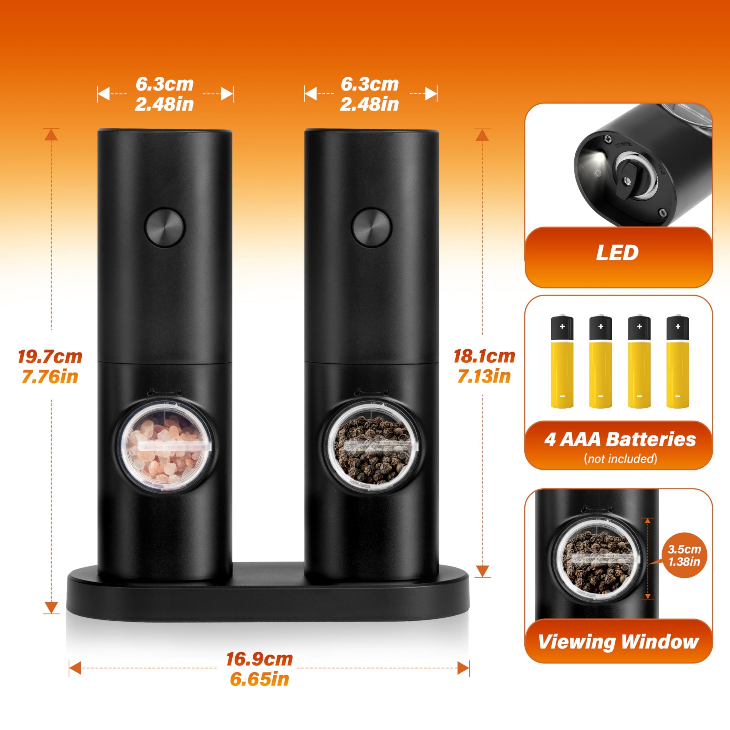 Electric Salt & Pepper Grinder Set – 2 Pack, One-Handed, LED Light & Stand Base