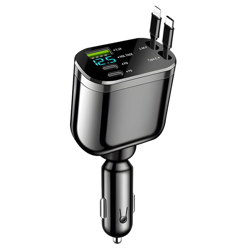 Retractable Car Charger – Dual Cables (USB-C & Lightning), Super Fast Charging, 180° Rotatable Head